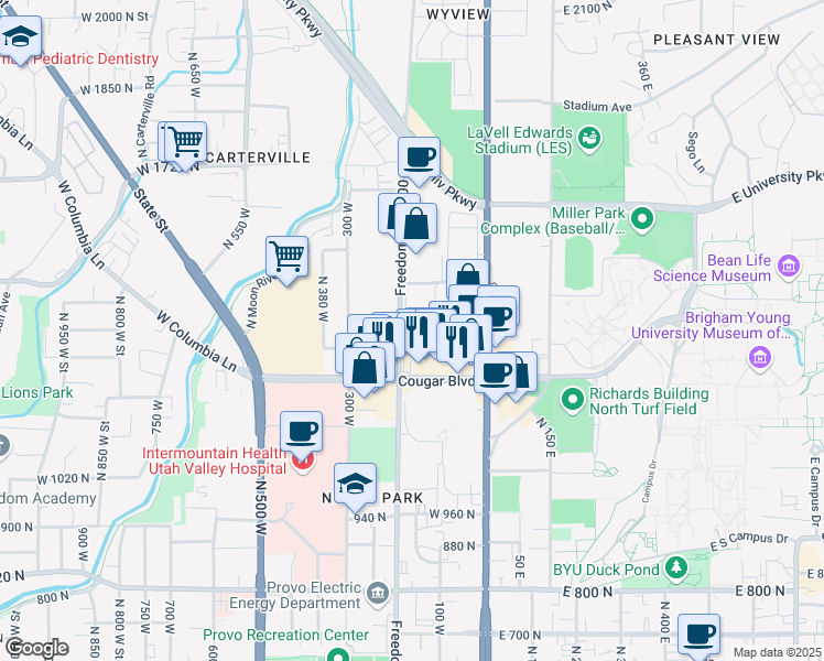 map of restaurants, bars, coffee shops, grocery stores, and more near 1340 North Freedom Boulevard in Provo