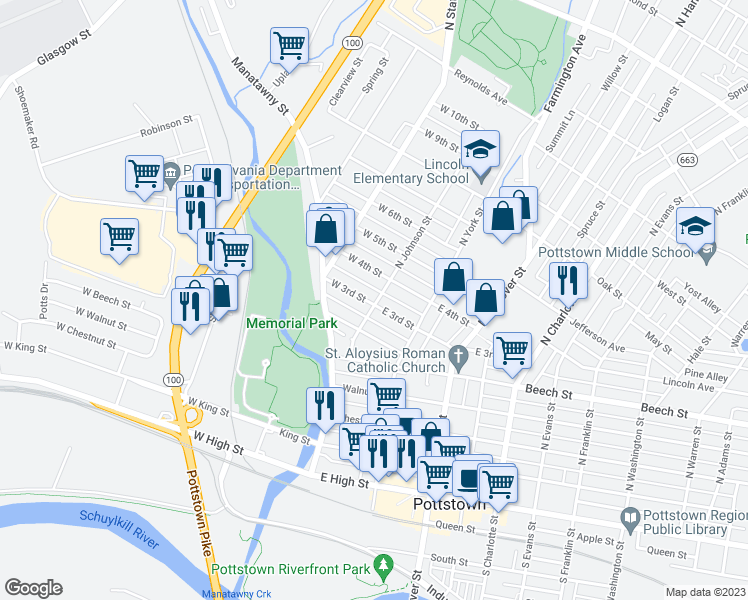 map of restaurants, bars, coffee shops, grocery stores, and more near 1 West 3rd Street in Pottstown
