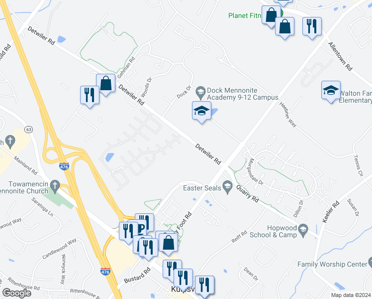 map of restaurants, bars, coffee shops, grocery stores, and more near 1776 Detwiler Road in Harleysville