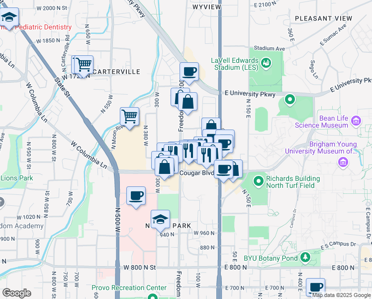 map of restaurants, bars, coffee shops, grocery stores, and more near 1322 North Freedom Boulevard in Provo