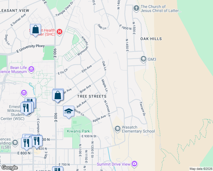 map of restaurants, bars, coffee shops, grocery stores, and more near 1375 Maple Lane in Provo