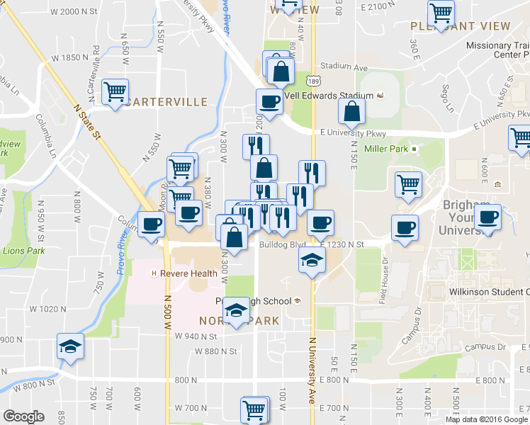 map of restaurants, bars, coffee shops, grocery stores, and more near 1322 North Freedom Boulevard in Provo