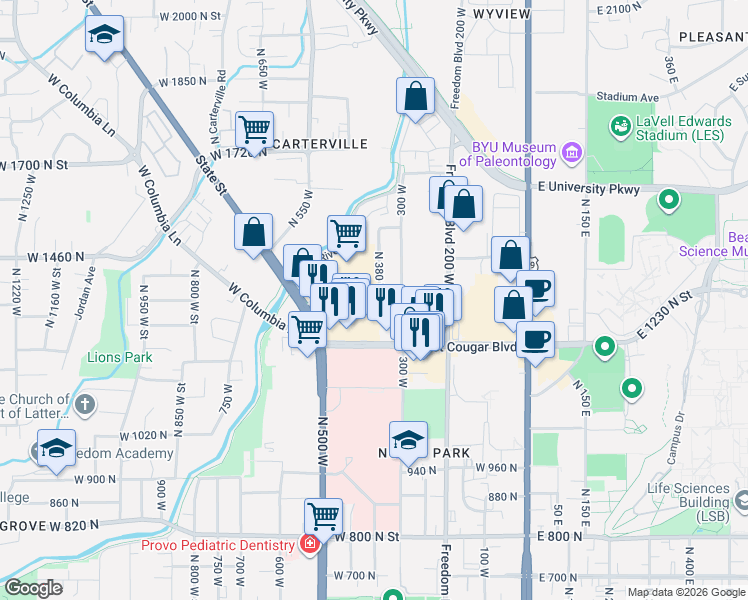 map of restaurants, bars, coffee shops, grocery stores, and more near 1380 North 380 West in Provo