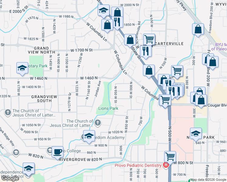 map of restaurants, bars, coffee shops, grocery stores, and more near 935 West 1400 North in Provo