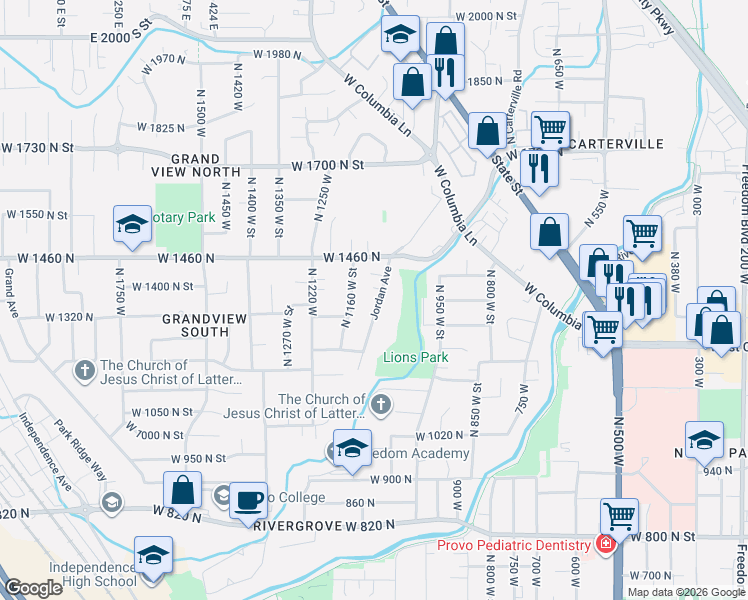 map of restaurants, bars, coffee shops, grocery stores, and more near 1361 Jordan Avenue in Provo