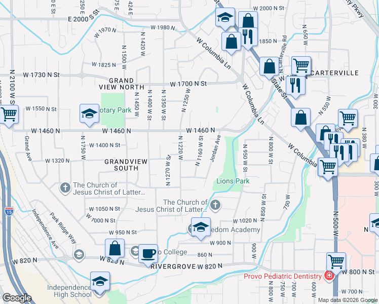 map of restaurants, bars, coffee shops, grocery stores, and more near 1168 West 1380 North in Provo