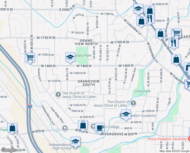 map of restaurants, bars, coffee shops, grocery stores, and more near 1390 N 1450 W St in Provo