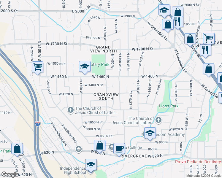 map of restaurants, bars, coffee shops, grocery stores, and more near 1390 N 1450 W St in Provo