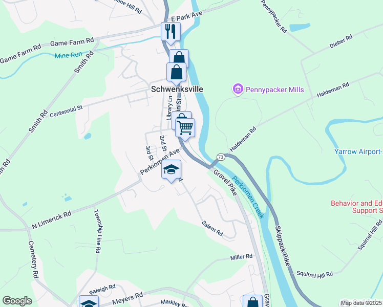 map of restaurants, bars, coffee shops, grocery stores, and more near 456 Main Street in Schwenksville