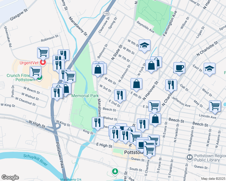 map of restaurants, bars, coffee shops, grocery stores, and more near 313 North Johnson Street in Pottstown