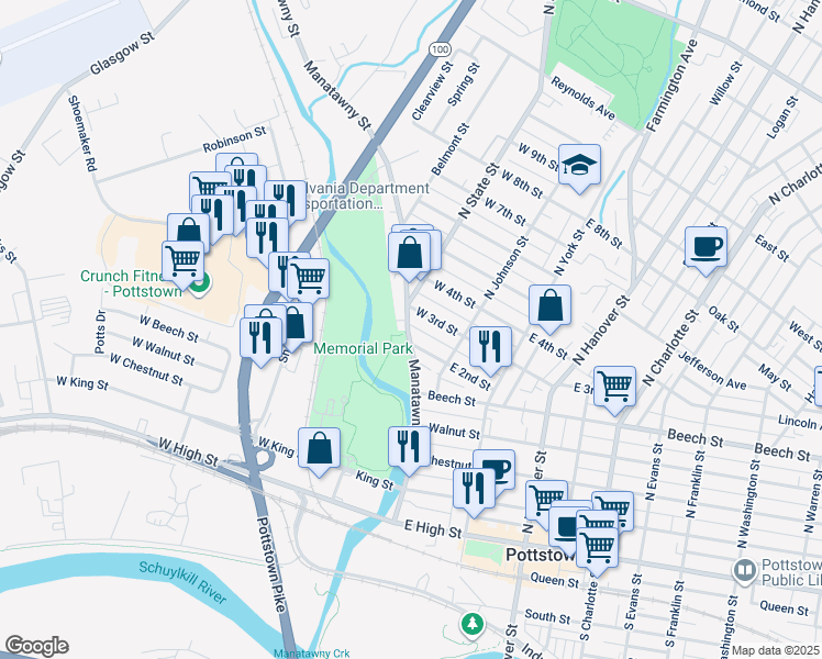 map of restaurants, bars, coffee shops, grocery stores, and more near 279 Manatawny Street in Pottstown