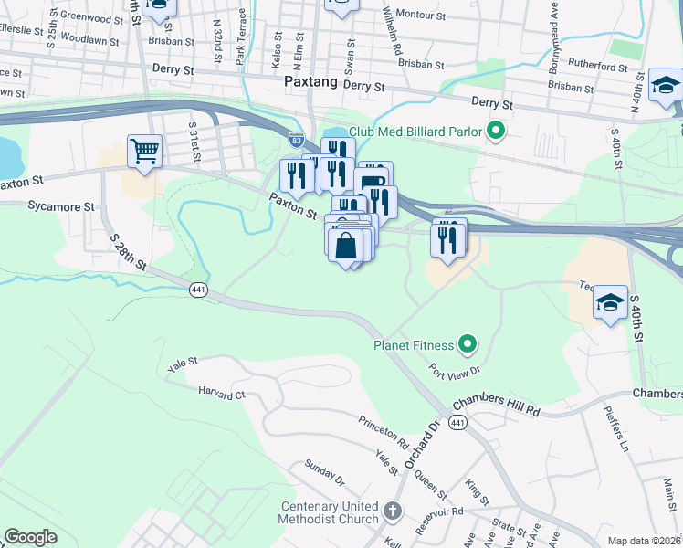 map of restaurants, bars, coffee shops, grocery stores, and more near 3601 Paxton Street in Harrisburg