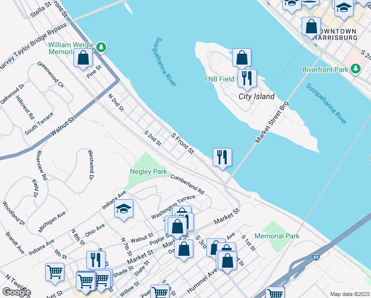 map of restaurants, bars, coffee shops, grocery stores, and more near 226 South Front Street in Wormleysburg