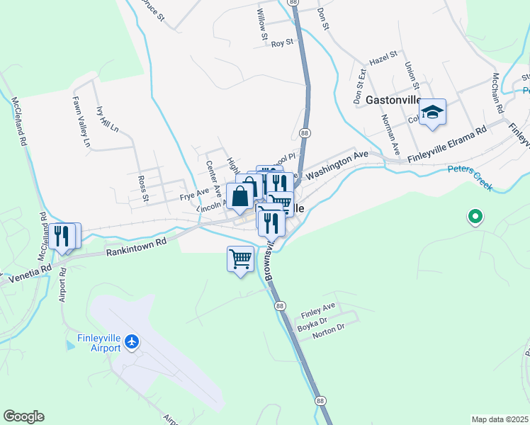 map of restaurants, bars, coffee shops, grocery stores, and more near 3529 Washington Avenue in Finleyville