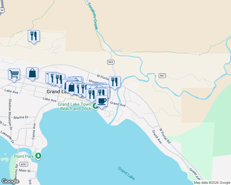 map of restaurants, bars, coffee shops, grocery stores, and more near 210 Rapids Lane in Grand Lake