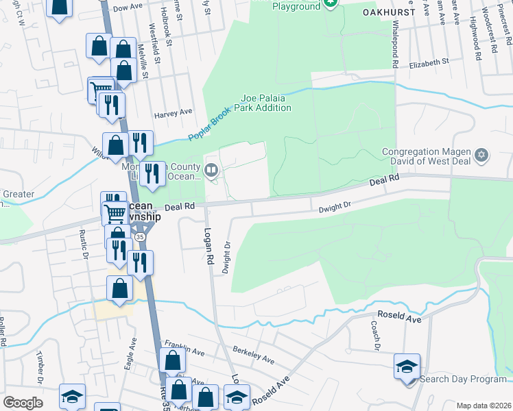 map of restaurants, bars, coffee shops, grocery stores, and more near 612 Deal Road in Monmouth County