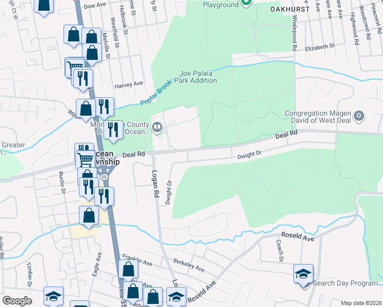 map of restaurants, bars, coffee shops, grocery stores, and more near 612 Deal Road in Monmouth County