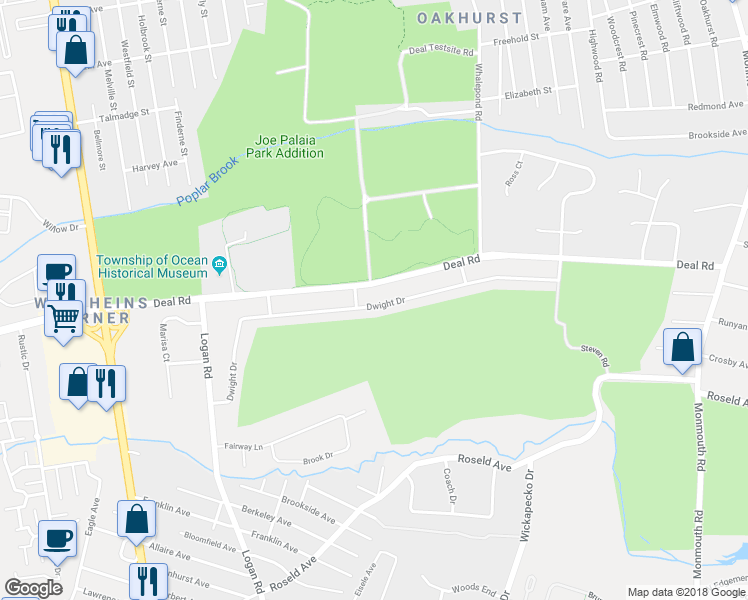 map of restaurants, bars, coffee shops, grocery stores, and more near 34 Dwight Drive in Ocean Township