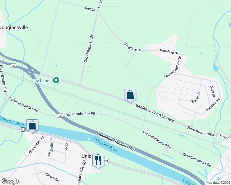 map of restaurants, bars, coffee shops, grocery stores, and more near 1525 Benjamin Franklin Highway in Douglassville