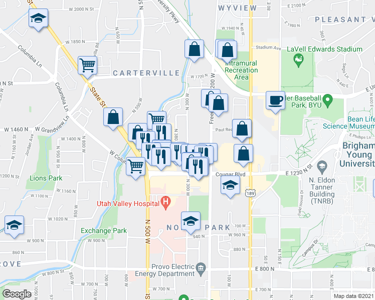 map of restaurants, bars, coffee shops, grocery stores, and more near 1343 North 300 West in Provo