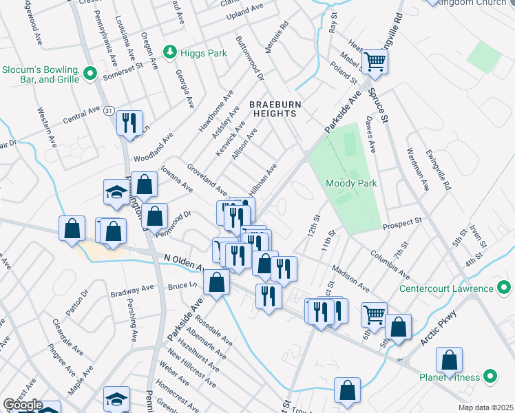 map of restaurants, bars, coffee shops, grocery stores, and more near 1451 Parkside Avenue in Ewing Township