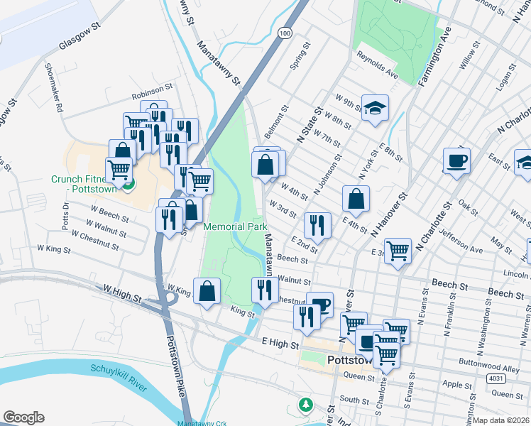 map of restaurants, bars, coffee shops, grocery stores, and more near 262 Manatawny Street in Pottstown