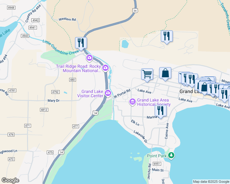 map of restaurants, bars, coffee shops, grocery stores, and more near 851 County Road 4051 in Grand Lake