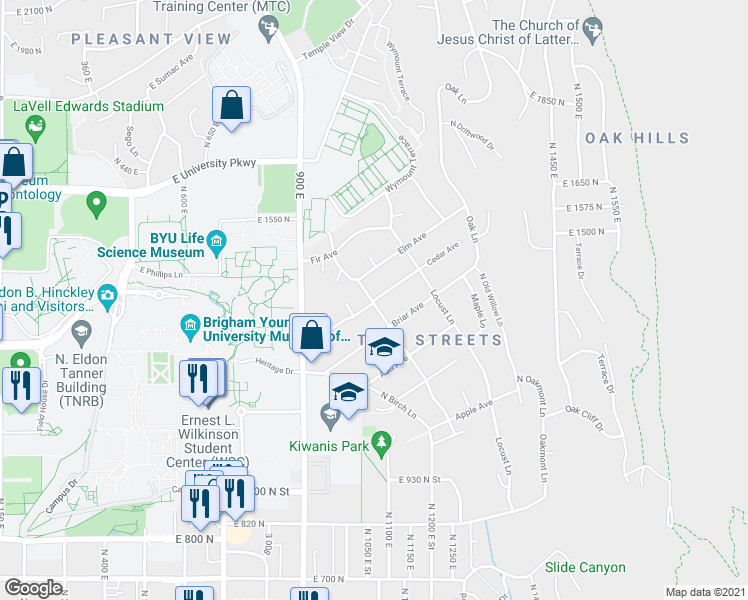 map of restaurants, bars, coffee shops, grocery stores, and more near 1128 Cedar Avenue in Provo