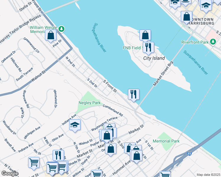map of restaurants, bars, coffee shops, grocery stores, and more near 226 South Front Street in Wormleysburg