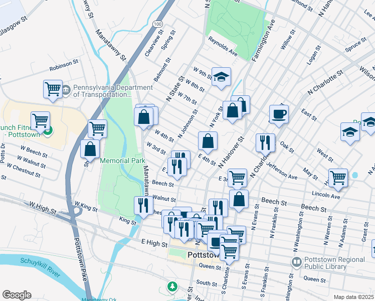 map of restaurants, bars, coffee shops, grocery stores, and more near 32 East 4th Street in Pottstown