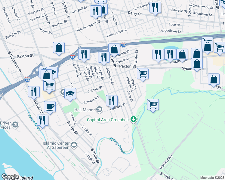 map of restaurants, bars, coffee shops, grocery stores, and more near 1136 Rolleston Street in Harrisburg