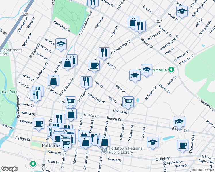 map of restaurants, bars, coffee shops, grocery stores, and more near 463 North Franklin Street in Pottstown