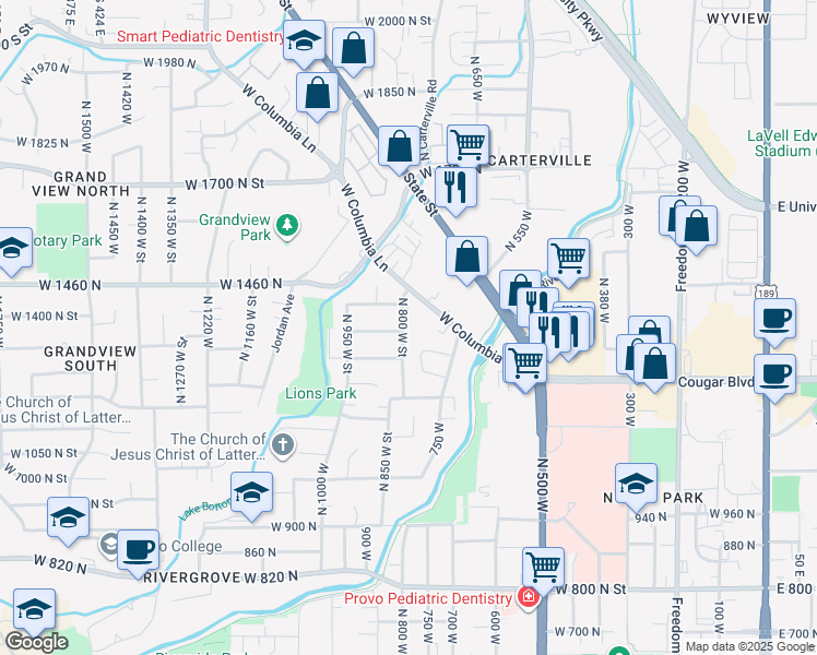 map of restaurants, bars, coffee shops, grocery stores, and more near 1350 North 800 West in Provo