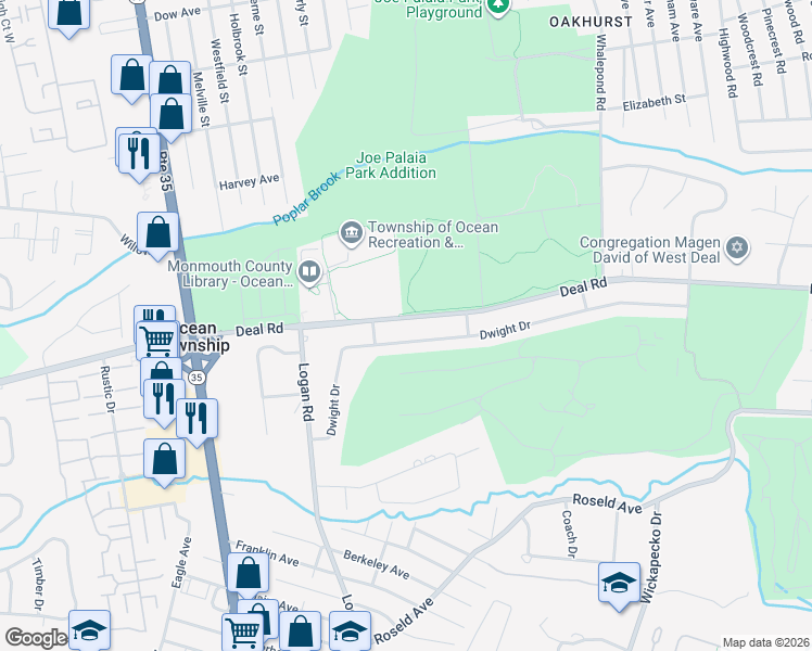 map of restaurants, bars, coffee shops, grocery stores, and more near 608 Deal Road in Monmouth County
