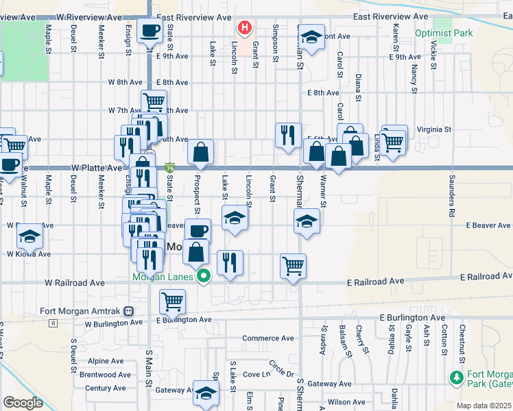 map of restaurants, bars, coffee shops, grocery stores, and more near 431 Lincoln Street in Fort Morgan
