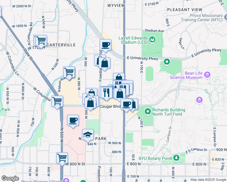 map of restaurants, bars, coffee shops, grocery stores, and more near 108 West 1230 North Street in Provo