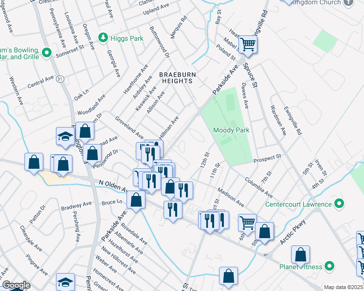 map of restaurants, bars, coffee shops, grocery stores, and more near 1460 Parkside Avenue in Trenton