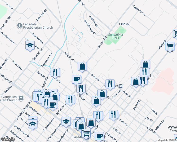 map of restaurants, bars, coffee shops, grocery stores, and more near 513a West 8th Street in Lansdale