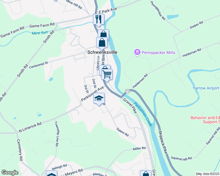 map of restaurants, bars, coffee shops, grocery stores, and more near 456 Main Street in Schwenksville