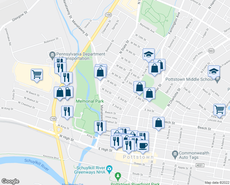 map of restaurants, bars, coffee shops, grocery stores, and more near 313 North Johnson Street in Pottstown