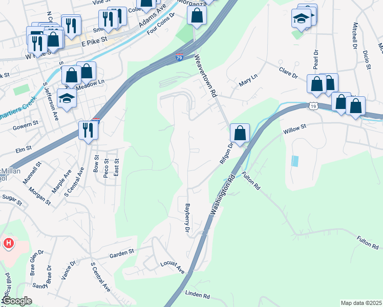 map of restaurants, bars, coffee shops, grocery stores, and more near 1170 Bayberry Drive in Canonsburg