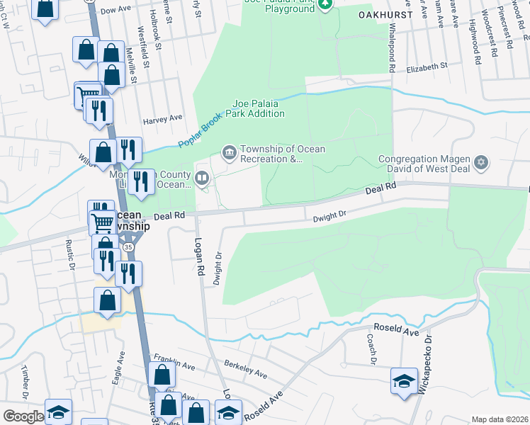map of restaurants, bars, coffee shops, grocery stores, and more near 608 Deal Road in Monmouth County