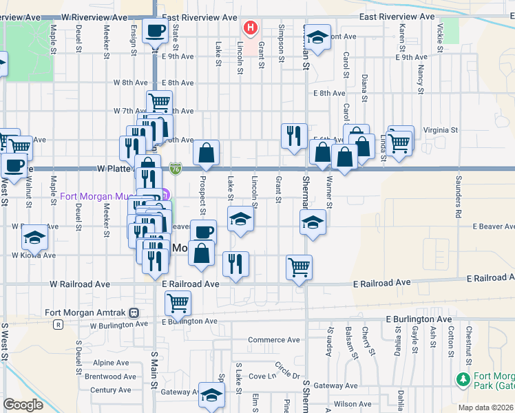 map of restaurants, bars, coffee shops, grocery stores, and more near 431 Lincoln Street in Fort Morgan