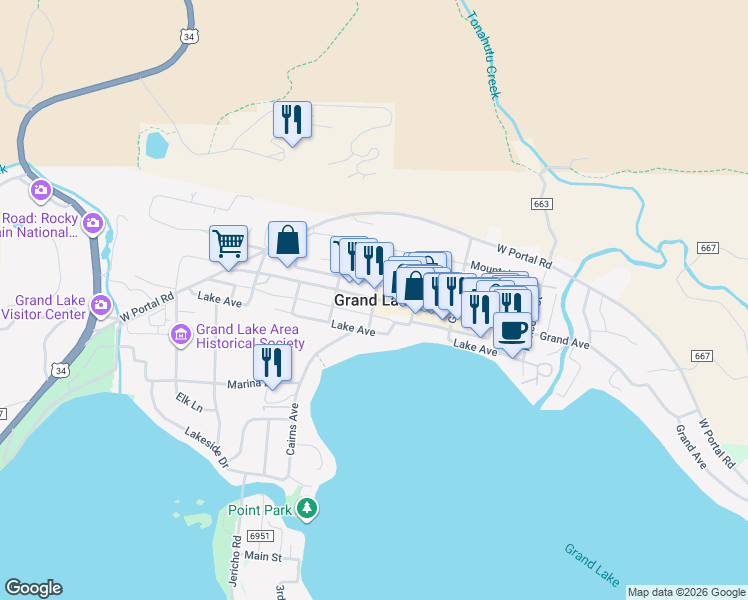 map of restaurants, bars, coffee shops, grocery stores, and more near Vine St in Grand Lake