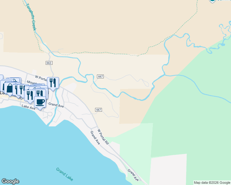 map of restaurants, bars, coffee shops, grocery stores, and more near 95 Jerico Road in Grand Lake