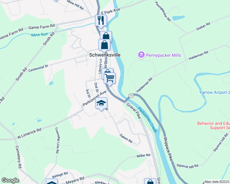 map of restaurants, bars, coffee shops, grocery stores, and more near 456 Main Street in Schwenksville