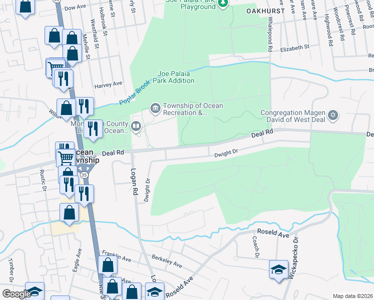 map of restaurants, bars, coffee shops, grocery stores, and more near 608 Deal Road in Monmouth County