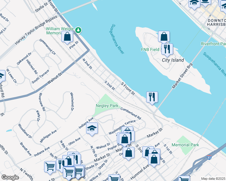 map of restaurants, bars, coffee shops, grocery stores, and more near 130 South 2nd Street in Wormleysburg