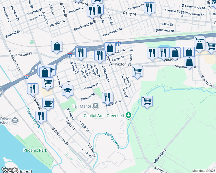 map of restaurants, bars, coffee shops, grocery stores, and more near 1140 Rolleston Street in Harrisburg