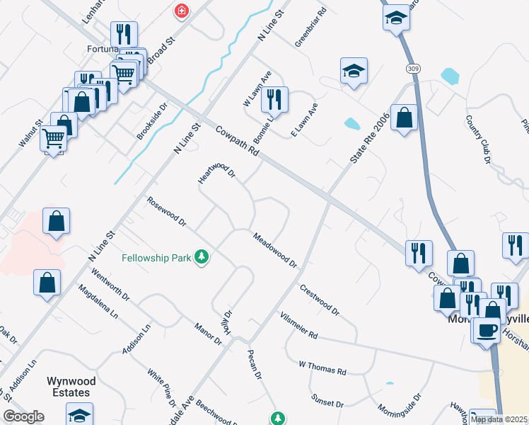 map of restaurants, bars, coffee shops, grocery stores, and more near 108 Heartwood Drive in Lansdale